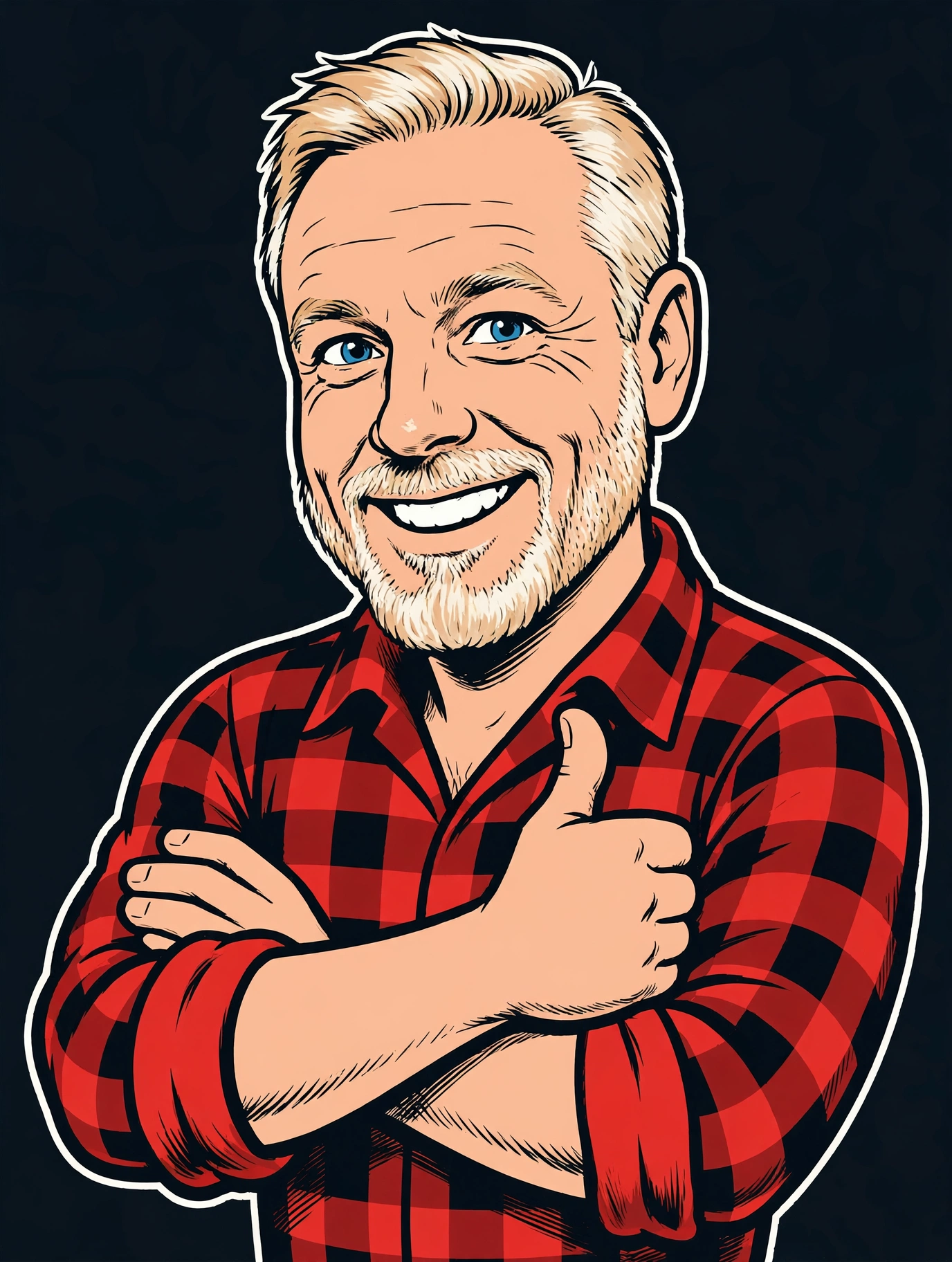 The Redheaded Stepdad — animated mascot in a red-and-black buffalo check flannel, arms crossed with a thumbs up