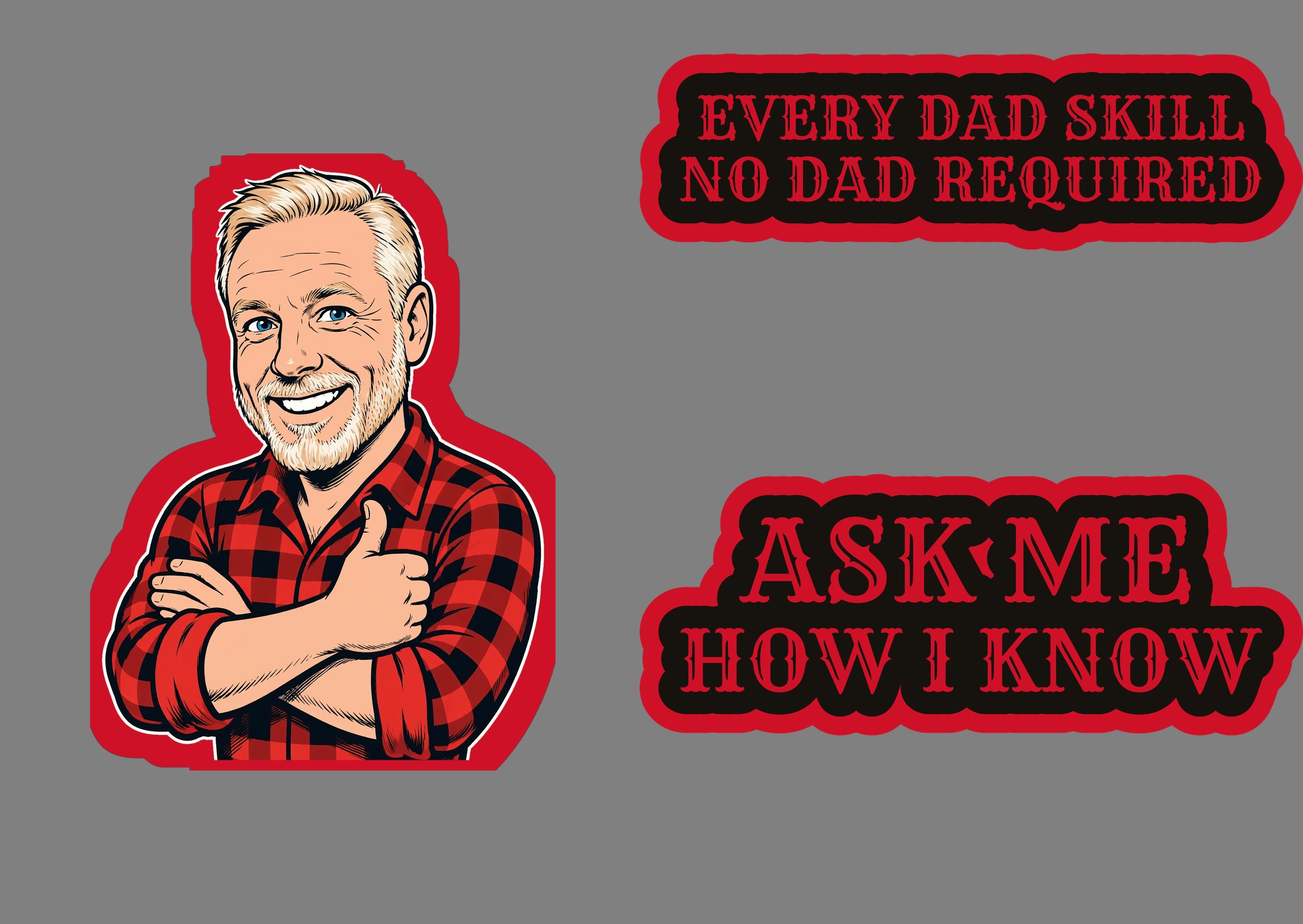 The Redheaded Stepdad die-cut sticker pack — mascot and two text stickers